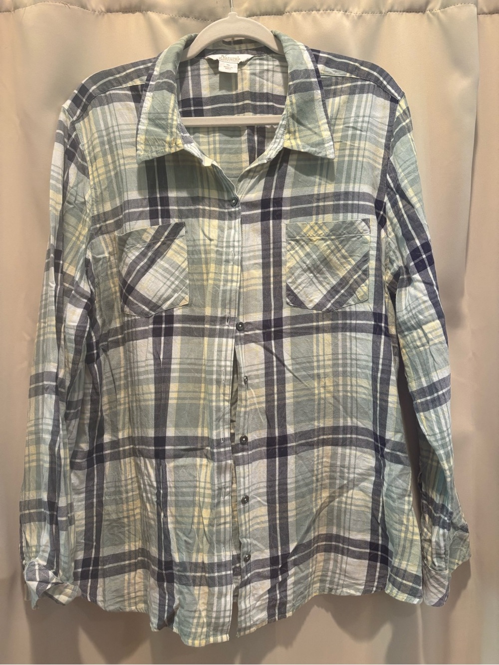 Cream with green  and Navy Plaid Button-Up Shirt